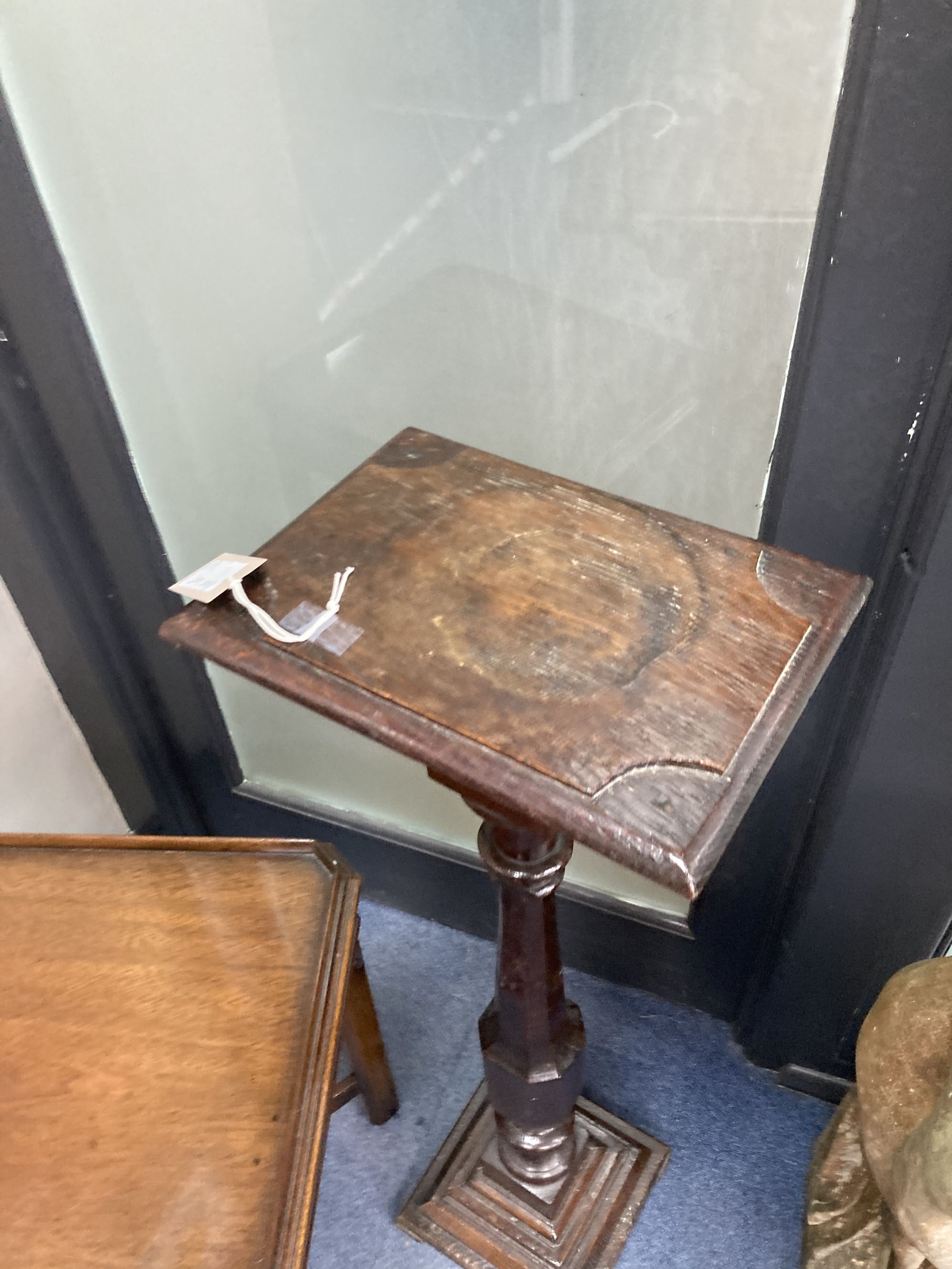 A George III style mahogany rectangular tray top occasional table, width 50cm, depth 42cm, height 53cm together with an oak torchere